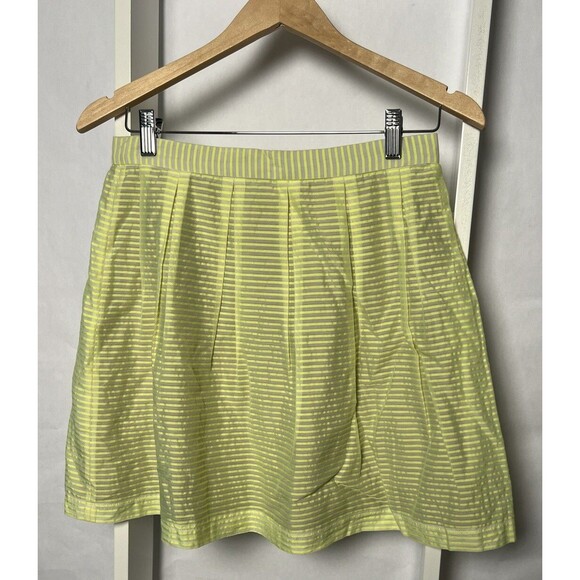 Rebecca Minkoff Mini Skirt Womens 8 Yellow Tan Stripe Soft Pleats 18 In Lined EC - Picture 1 of 14